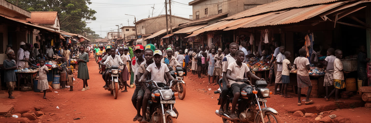 ポルトノボの若者、学校、バイク交通、市場と住宅地を表す景観