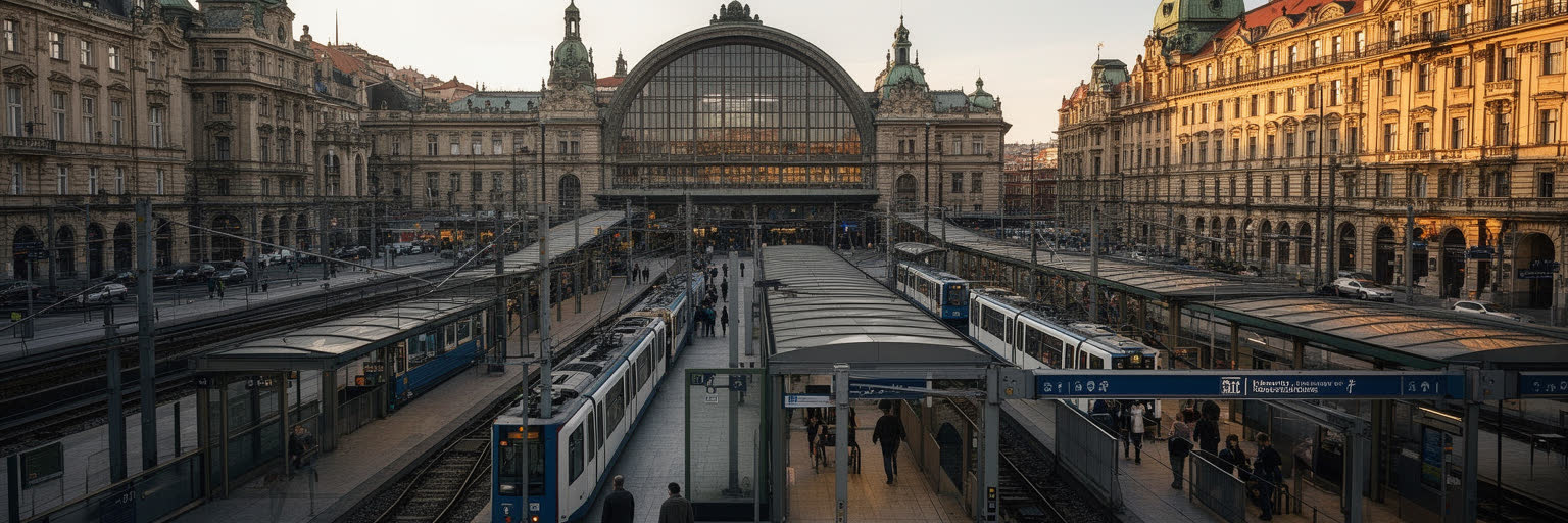 プラハの中央駅、地下鉄、トラム、鉄道、空港連絡、通勤路を表す景観