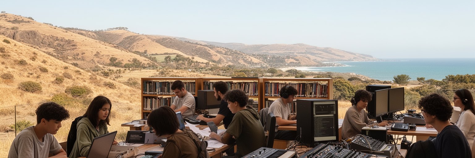 プライアの大学、学校、若者、図書館、起業、音楽活動が重なる都市風景