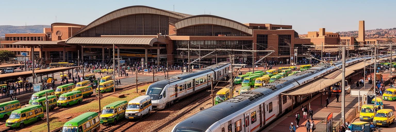 プレトリア駅、ガウトレイン、ミニバスタクシー、高速道路を表す画像