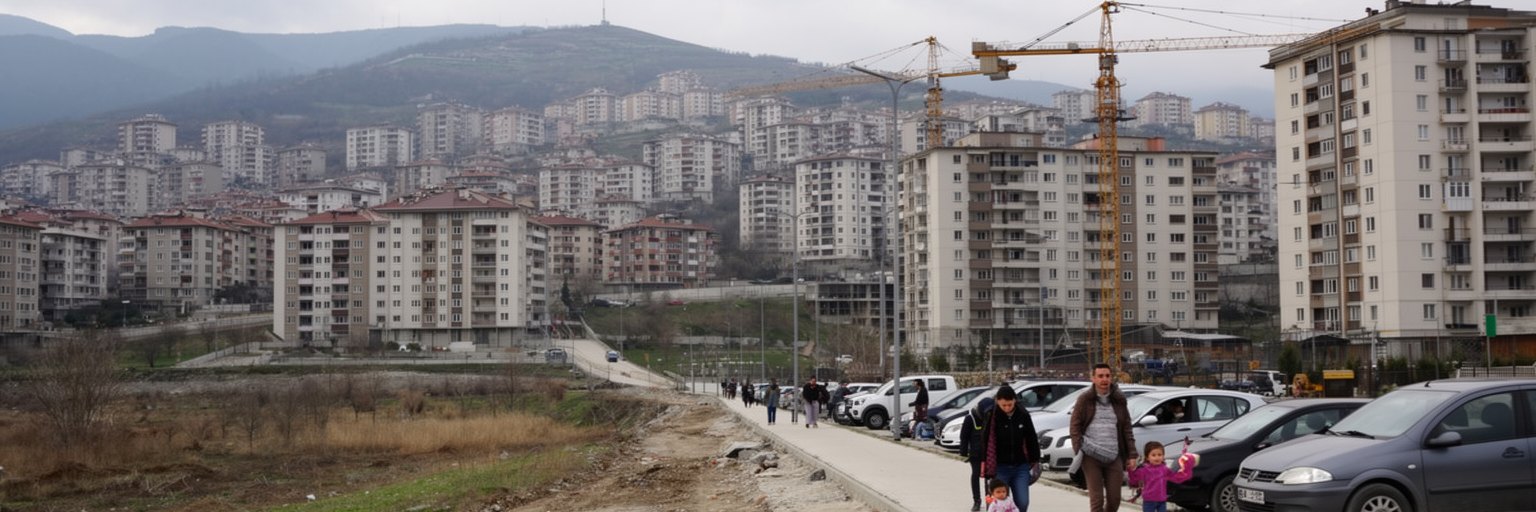 プリシュティナの新築集合住宅、丘陵地、未舗装の道、建設現場、郊外拡大を表す景観