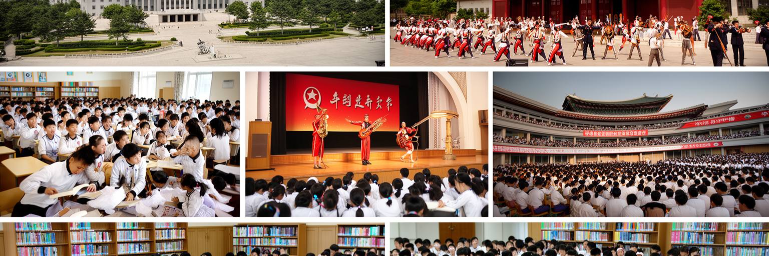 平壌の学校、劇場、音楽公演、集団体操、図書館が重なる文化教育景観