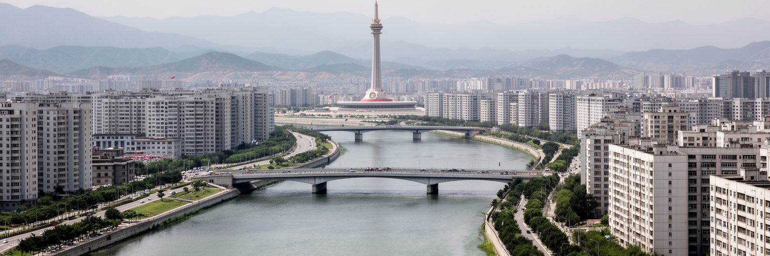 大同江、主体思想塔、人民大学習堂、橋、高層住宅が重なる平壌の都市軸