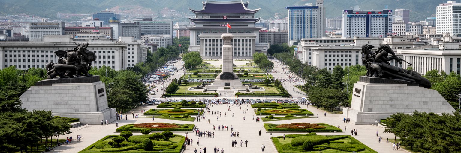 平壌の戦争記念館、再建された大通り、記念碑、朝鮮戦争の記憶を表す景観