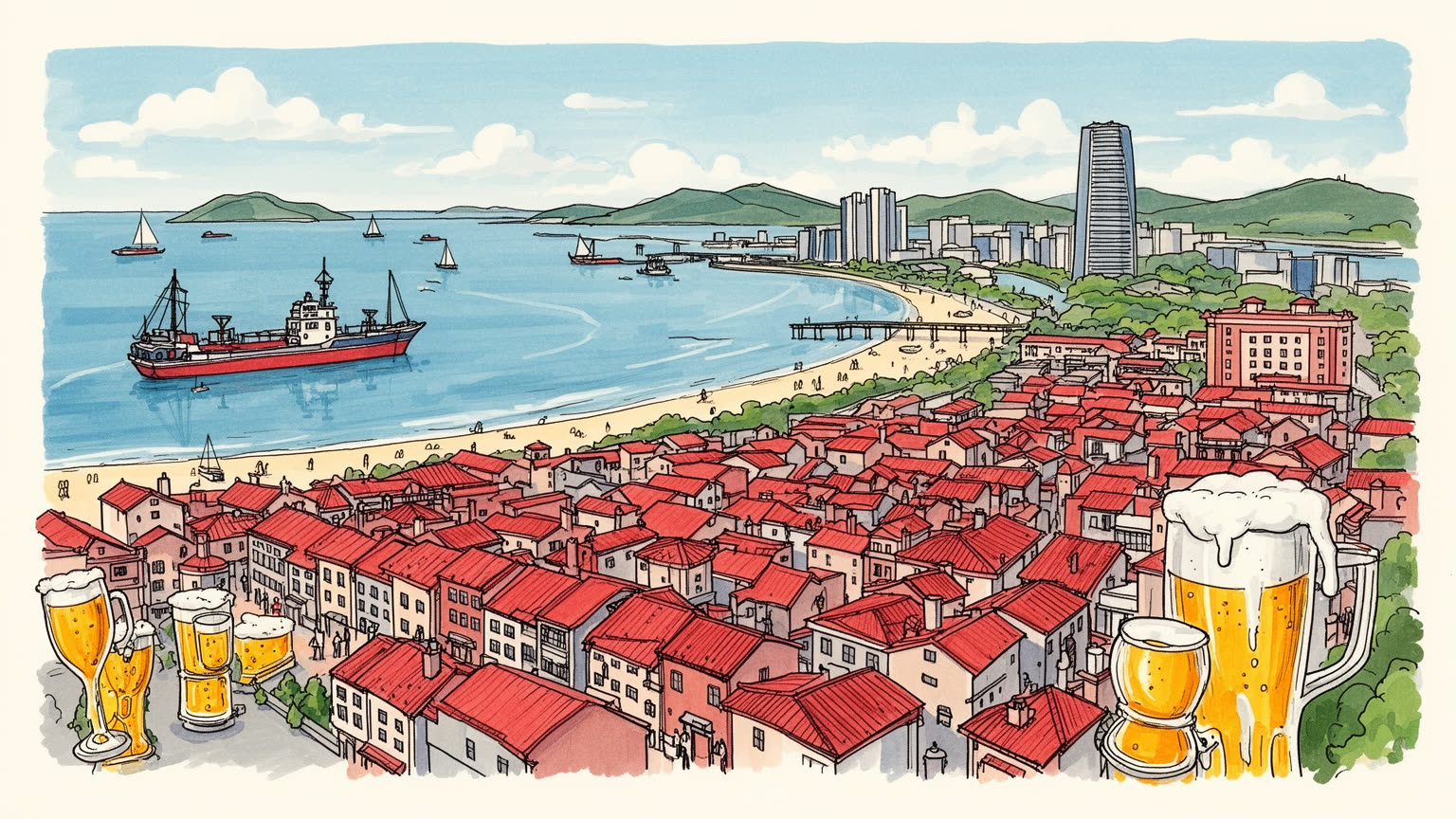 青島の坂道、港、海岸を表す抽象的なビジュアル