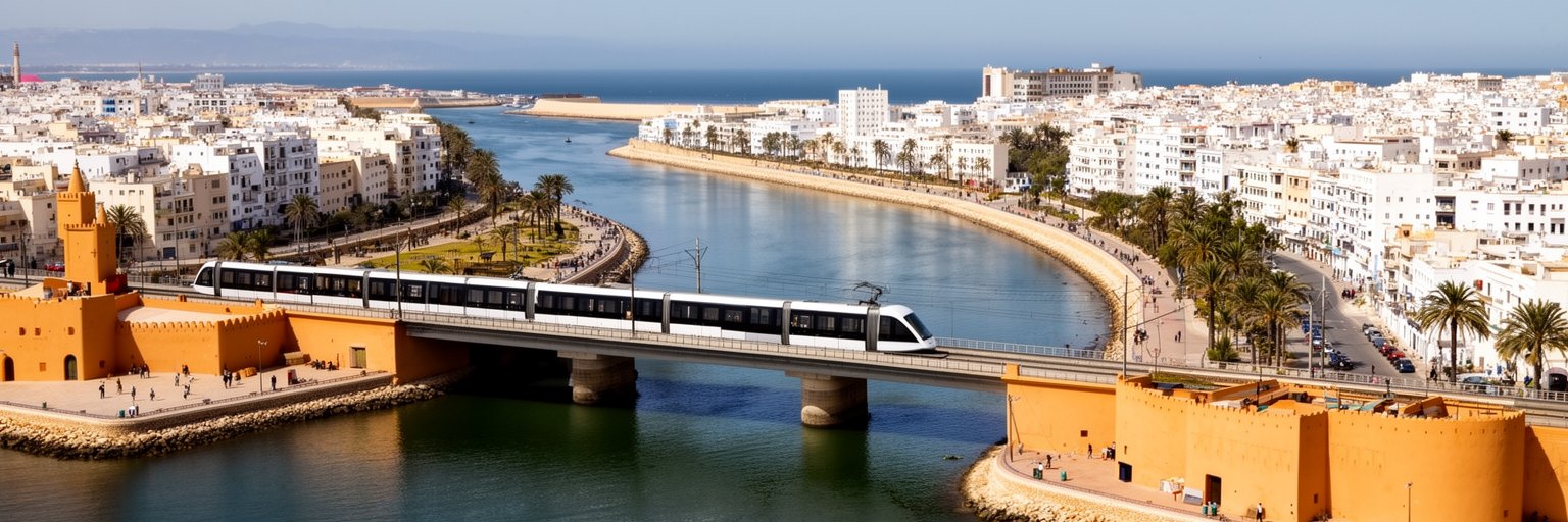 ブー・レグレグ川を挟むラバトとサレ、橋、トラム、住宅、河畔公共空間