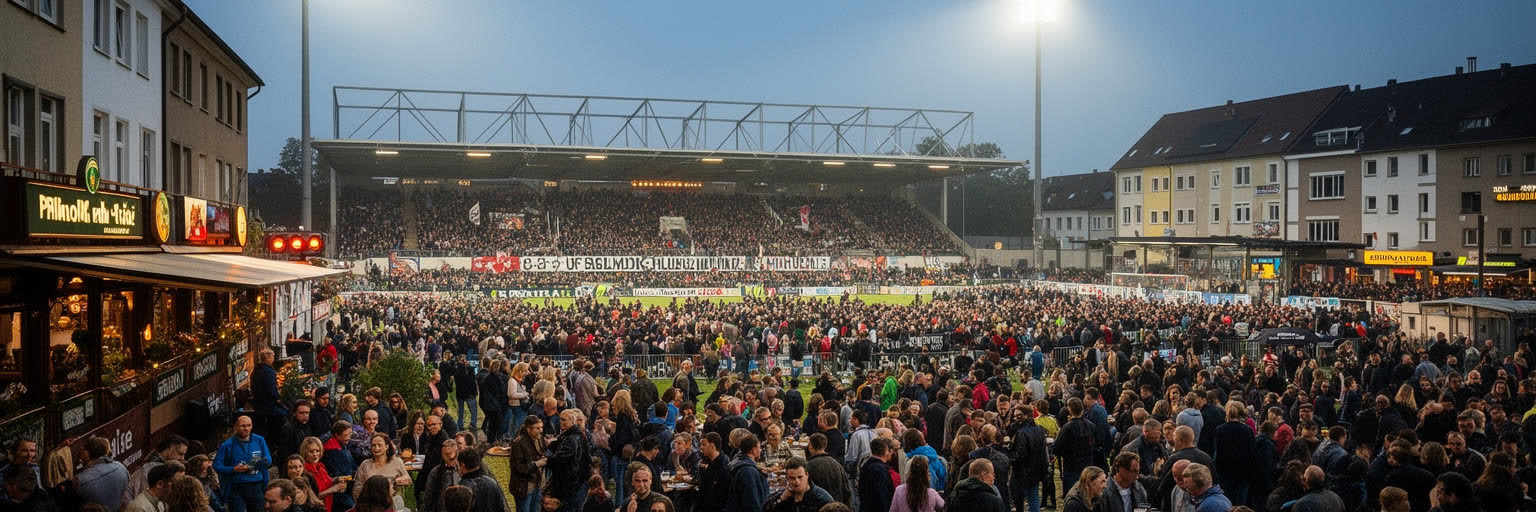 ライン・ルールのサッカースタジアム、労働者地区、駅、家族の応援が重なるスポーツ文化