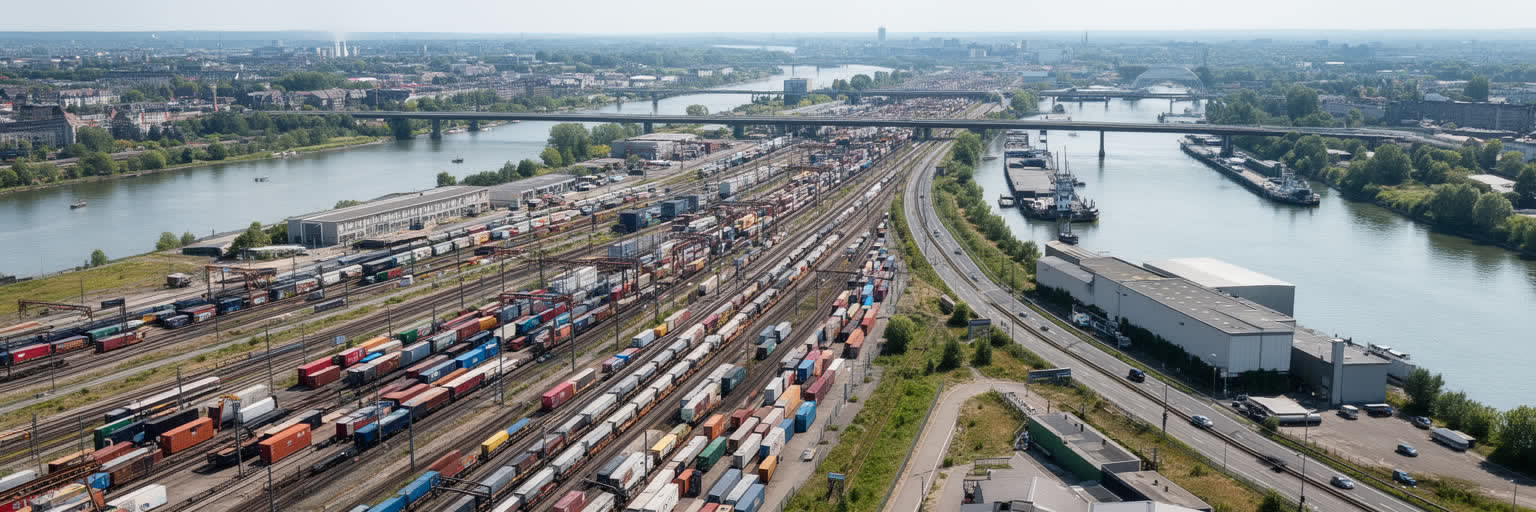 ライン・ルールの貨物鉄道、内陸港、高速道路、倉庫、通勤電車が重なる物流景観