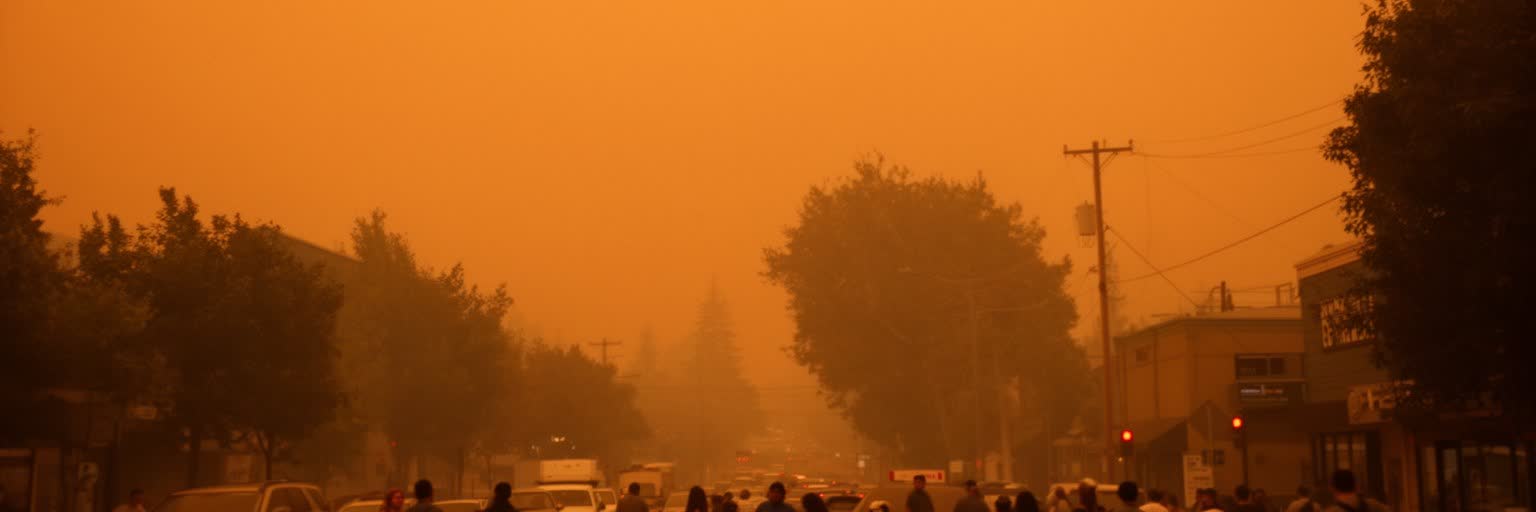 サクラメントの乾いた夏、街路樹、煙る空、冷房、山火事時代の暮らしを表す景観