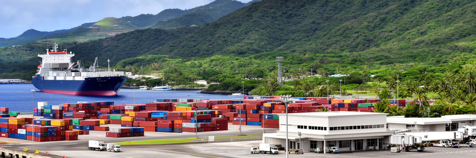 サイパン港、空港、道路、輸入貨物、丘陵と海が重なる交通景観