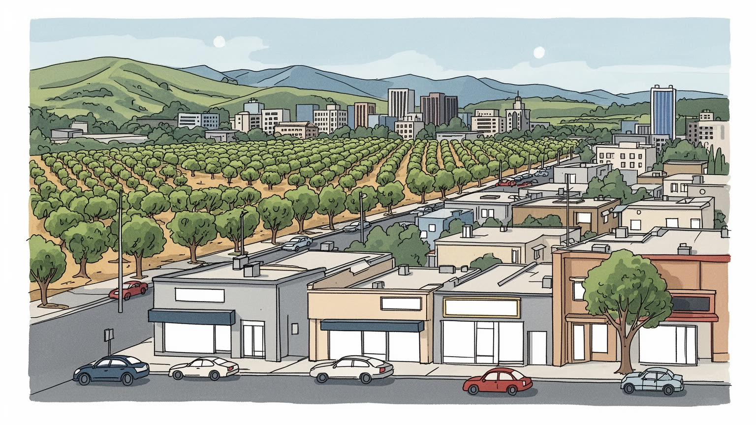 サンノゼの低層市街地、技術産業、移民の食文化、山並みを表す抽象的なビジュアル