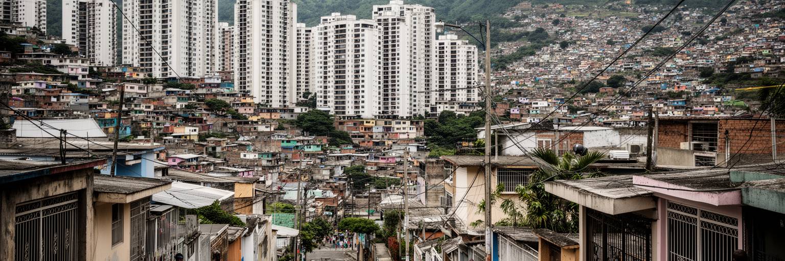 サンサルバドルの丘陵住宅地、高層住宅、密集地区、門のある住宅地、都市格差を表す景観