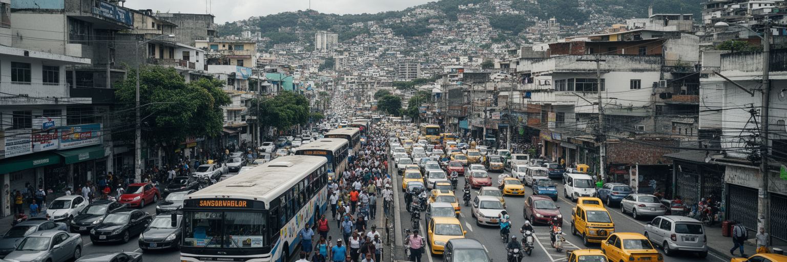 サンサルバドルのバス、幹線道路、通勤者、郊外自治体、渋滞する首都圏の景観