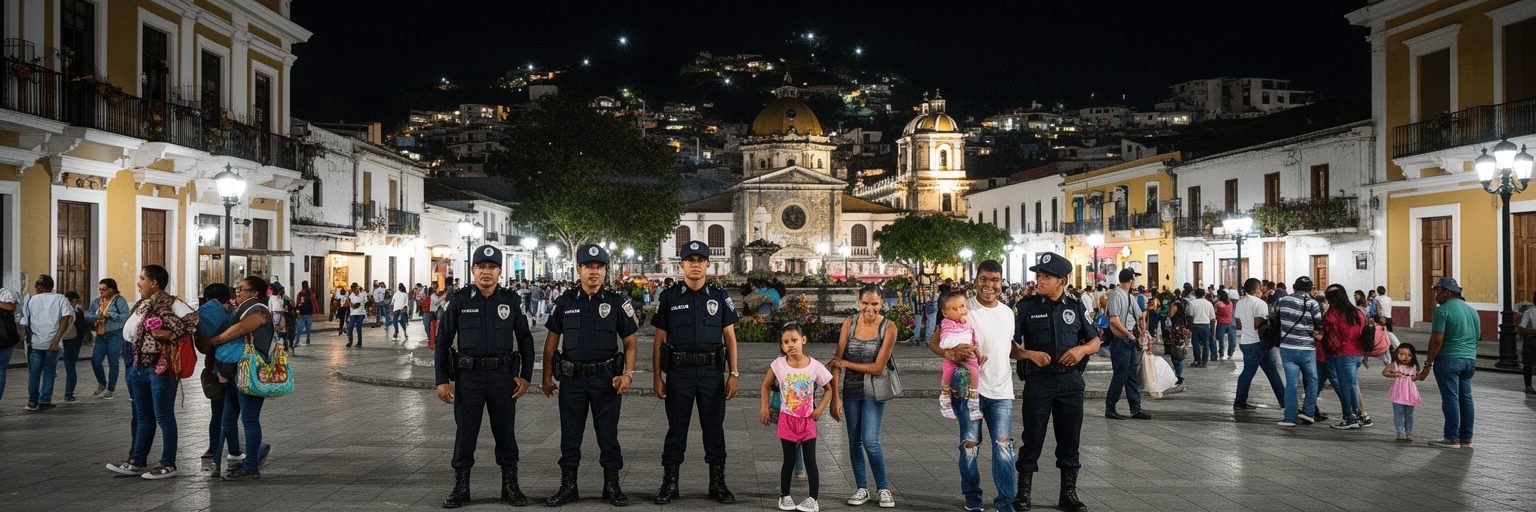 サンサルバドルの歩行者広場、警備、家族連れ、夜の旧市街、公共空間の変化