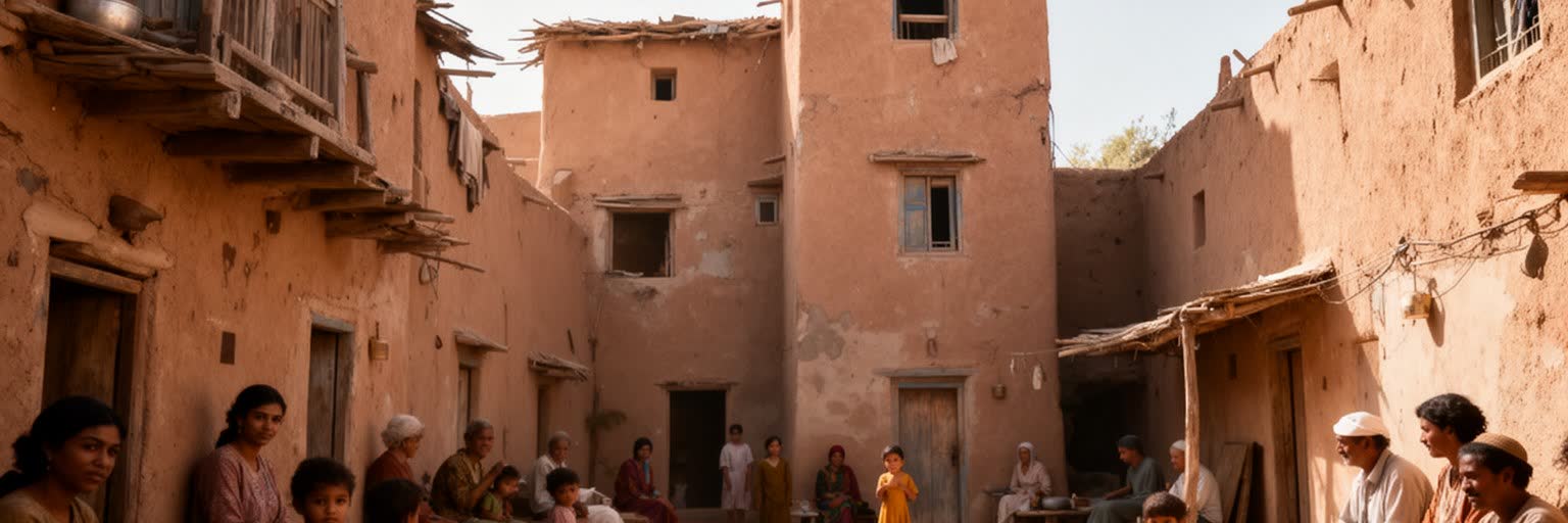 サナアの住宅、家族、中庭、屋上の日常生活を表す画像