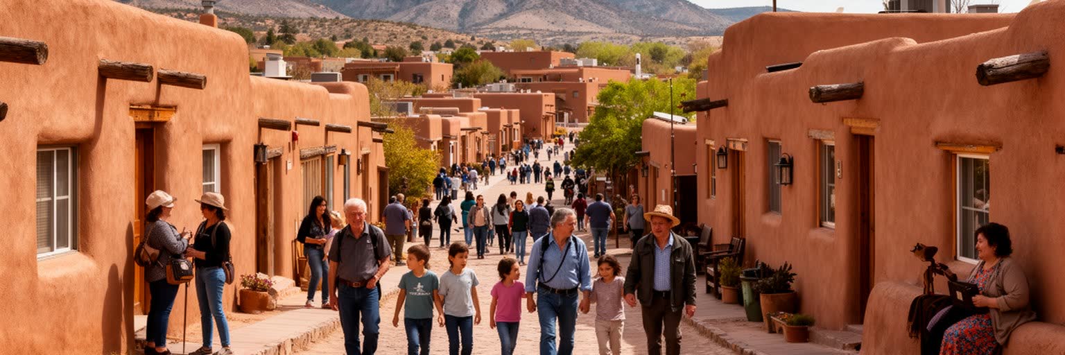 サンタフェの中心部住宅、郊外通勤、建設労働、住宅格差を表す画像