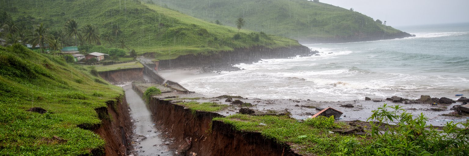サントメの熱帯雨、河川、海岸浸食、排水を表す景観