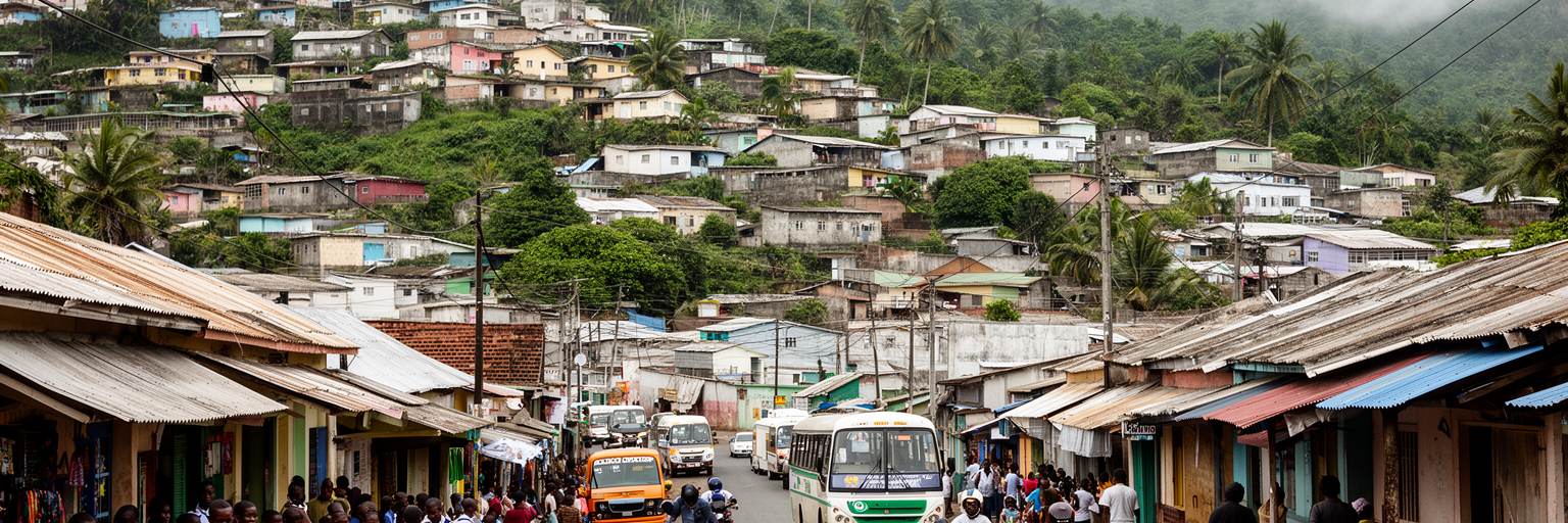 サントメの住宅地、坂道、店、学校帰りの生活を表す景観