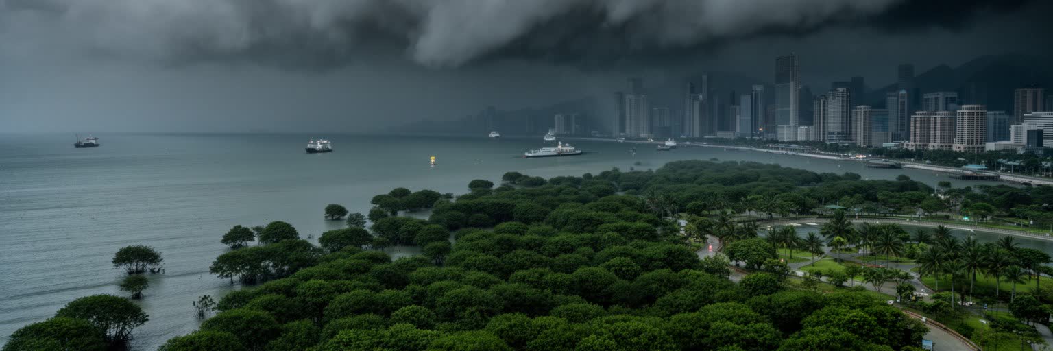 深圳の亜熱帯気候、台風、海岸、公園、排水施設を表す都市景観
