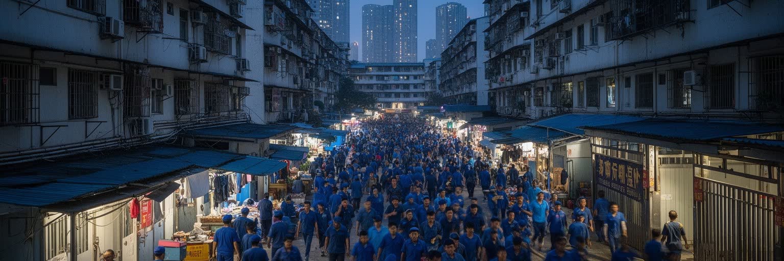 深圳の移民労働者、工場、地下鉄、食堂、寮の生活を表す都市景観