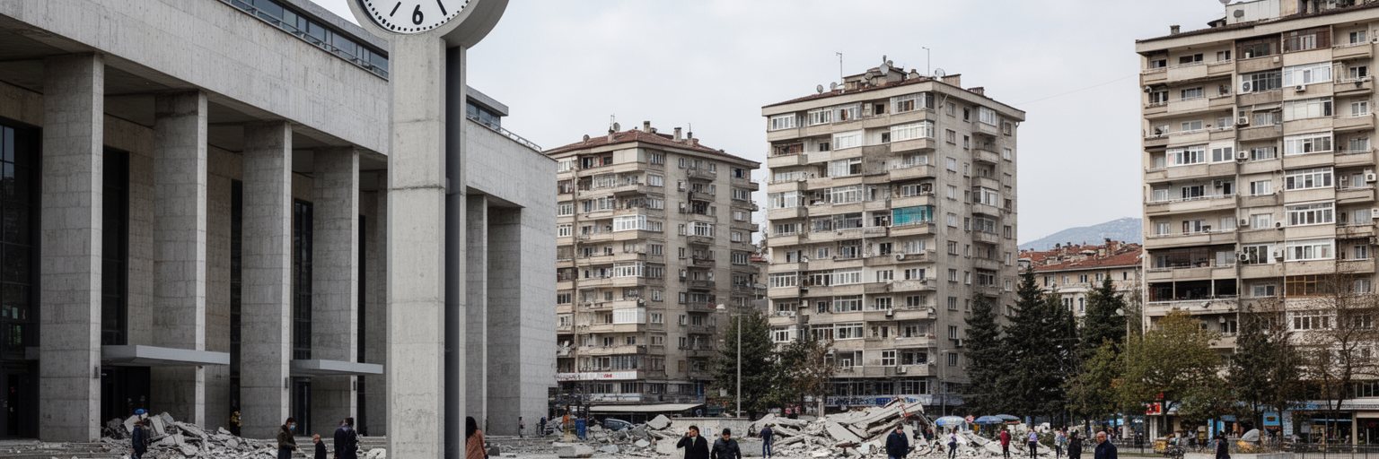 1963年地震後の復興を示す駅時計、近代建築、集合住宅、広場が重なるスコピエ