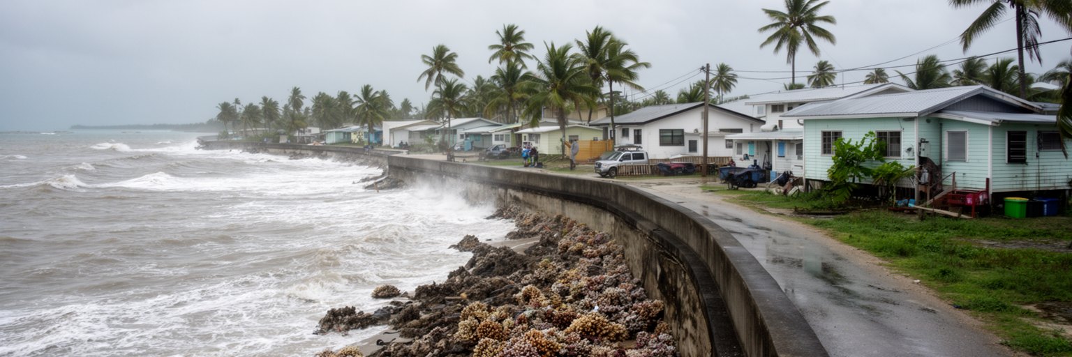 高潮、護岸、低い住宅地、ラグーン、外洋の波が近接するサウスタラワの気候リスク