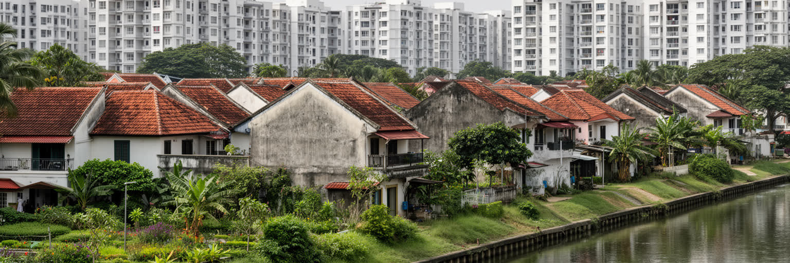 コッテの低層住宅、集合住宅、運河沿いの家並み、地価上昇を表す都市景観