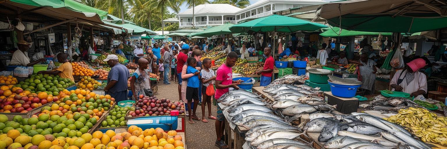 セントジョンズの市場、魚、果物、スパイス、買い物客を表す景観