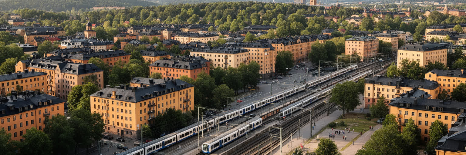 中心部の集合住宅、郊外団地、鉄道沿線が広がるストックホルムの住宅地