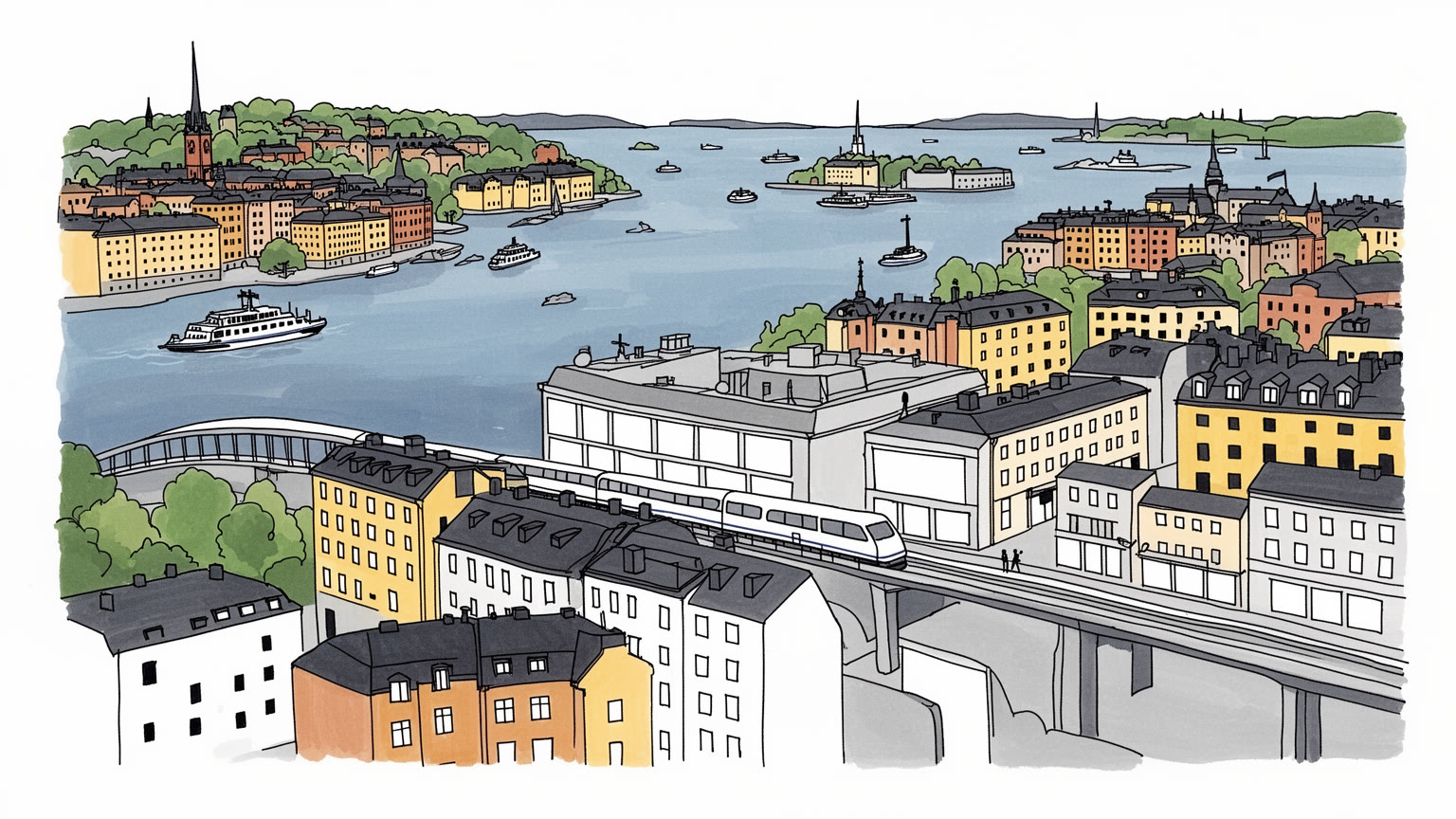ストックホルムの水辺、橋、街路、北欧の日常を表すイラスト
