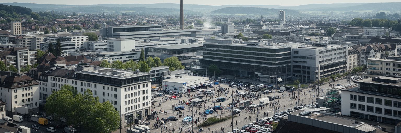 シュトゥットガルトの自動車工場、研究開発、電動化、職業訓練を表す都市景観