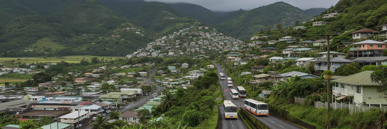 スバの丘陵住宅地、坂道、雨、バス、低地の商業地区を表す景観
