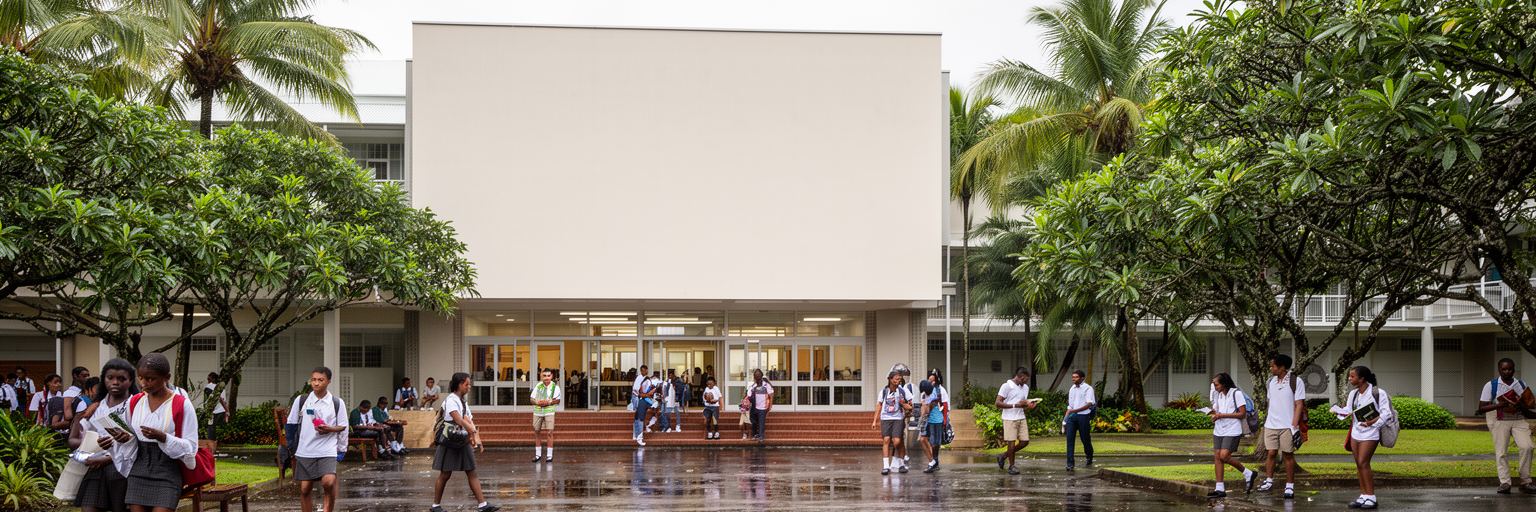 スバの大学、図書館、学生、地域機関、雨のキャンパスを表す景観