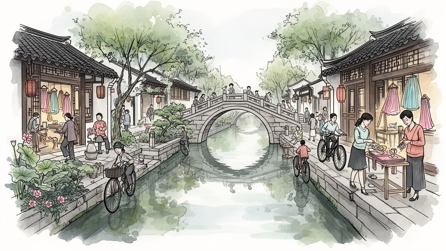 蘇州の運河、橋、街路、絹工芸の日常を表すビジュアル