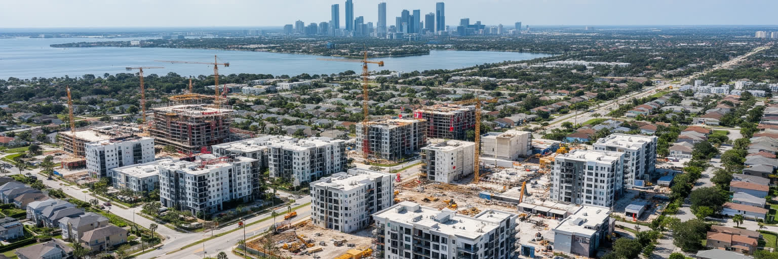 タンパの高層住宅、郊外開発、道路、建設現場、住宅価格上昇を表す景観