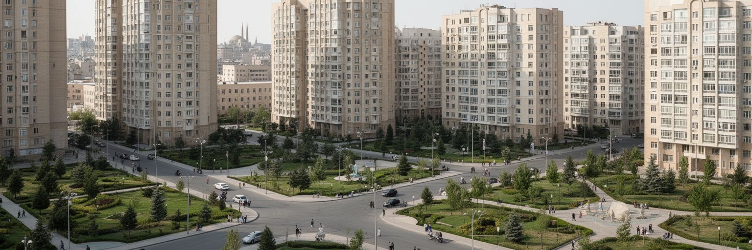 タシュケントの新しい住宅開発、集合住宅、広い道路、公園計画を表す都市景観