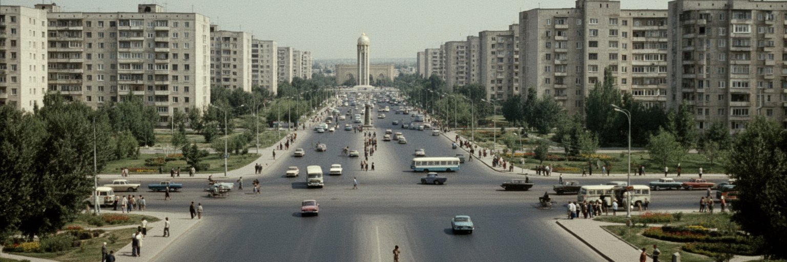 1966年地震後に再建されたタシュケントの広い道路、集合住宅、記念碑を表す景観