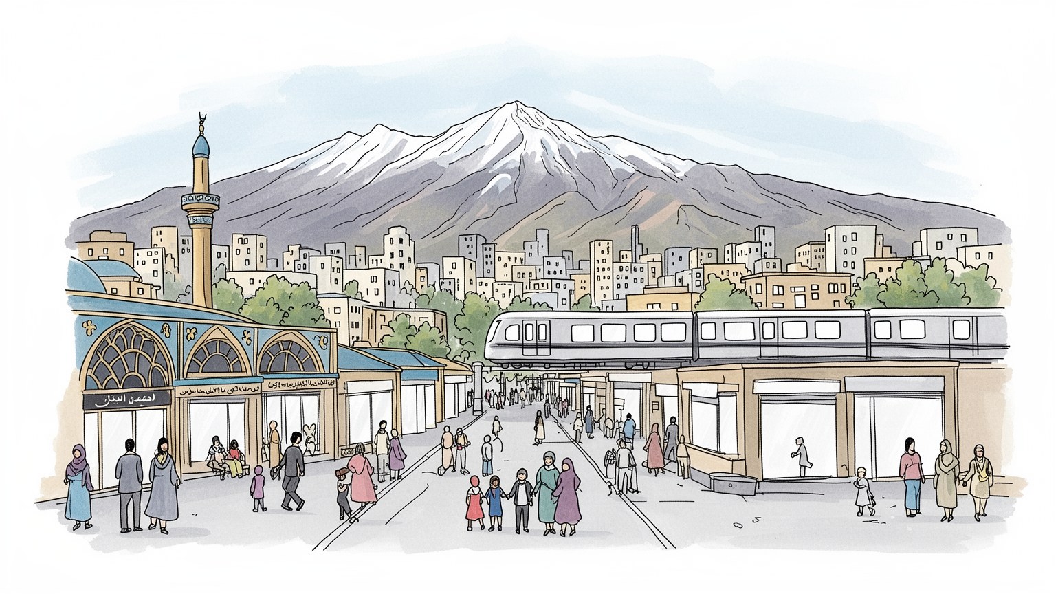 テヘランの街路と山麓を表す抽象的なビジュアル