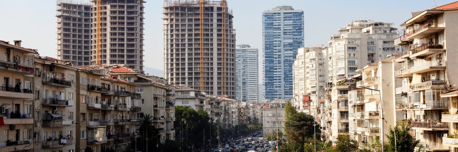 ティラナの建設クレーン、集合住宅、新しい高層ビル、郊外住宅、渋滞する道路