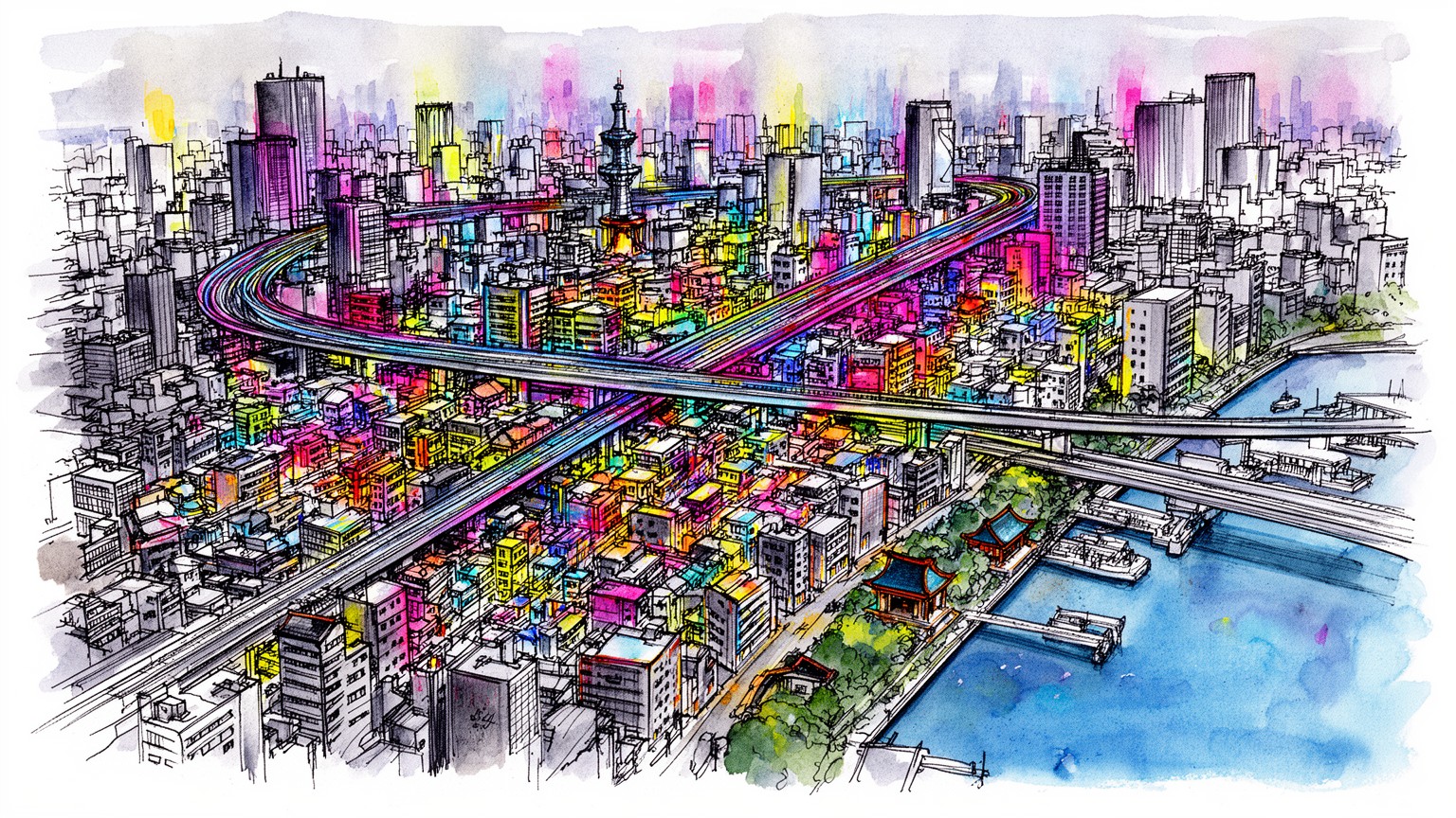 東京の鉄道網と湾岸を表す幾何学的なビジュアル