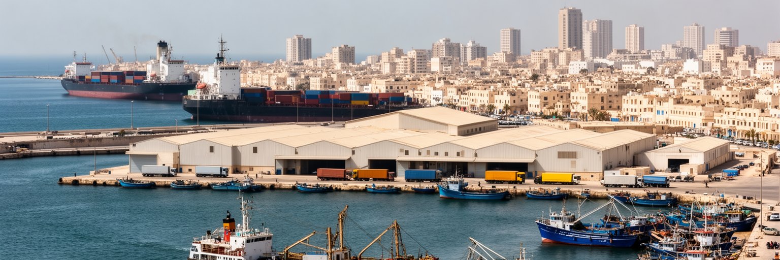 トリポリ港、貨物、漁船、倉庫、商業地区、通勤者が重なる港湾経済の風景