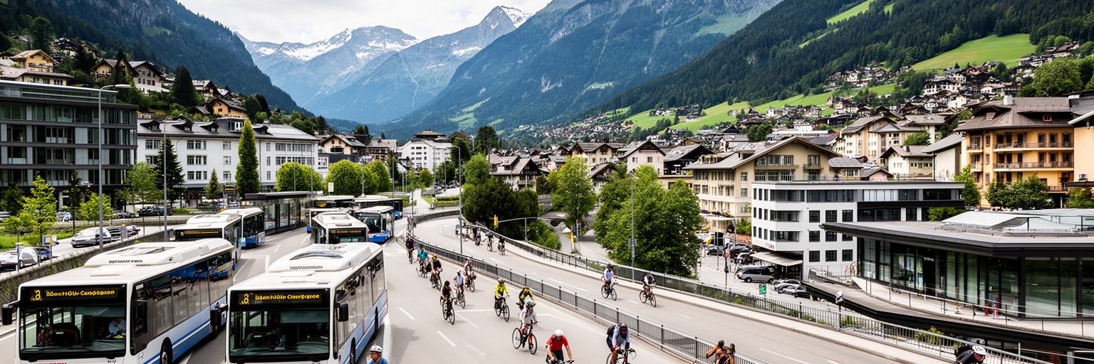 スイス、オーストリアからファドゥーツへ向かうバス、橋、道路、通勤者の流れ