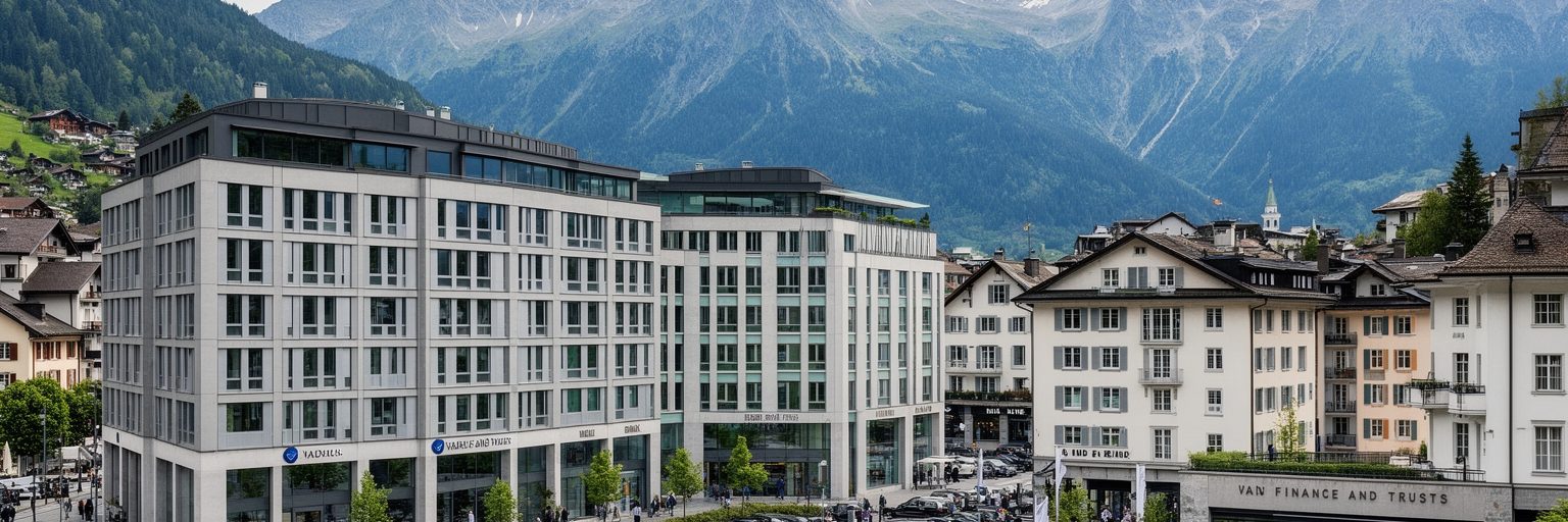 ファドゥーツの金融機関、信託事務所、低層の業務街、アルプスを背景にした街並み