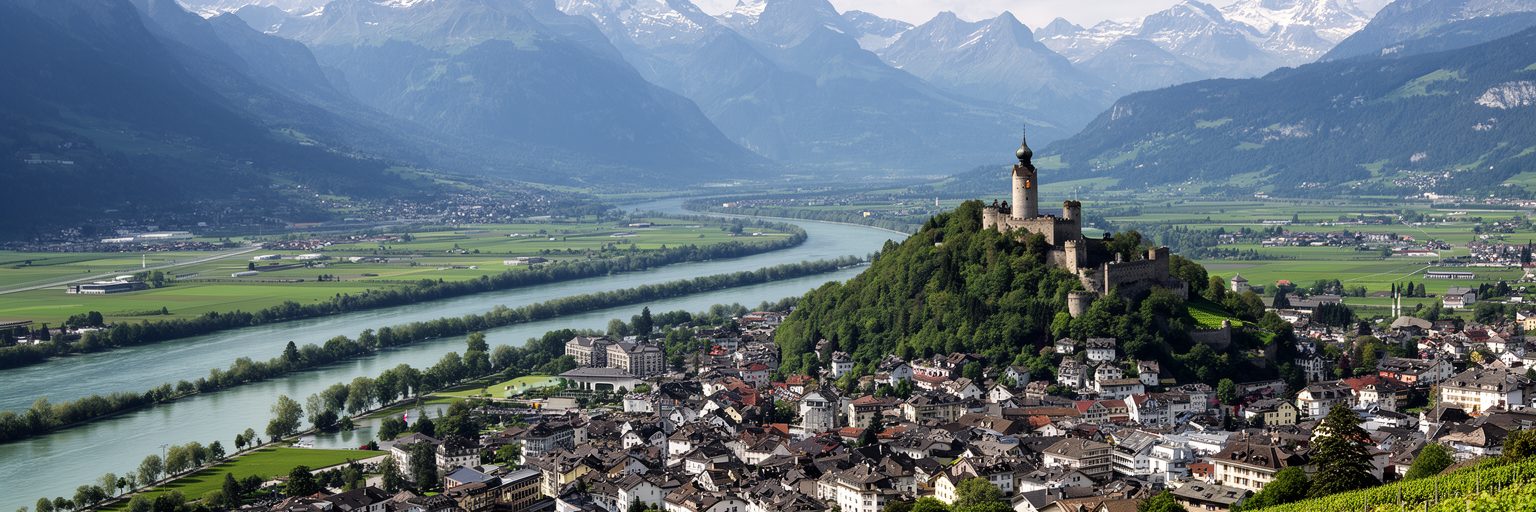 ライン谷、スイス側の山、ファドゥーツの市街地、城、ブドウ畑を望む景観