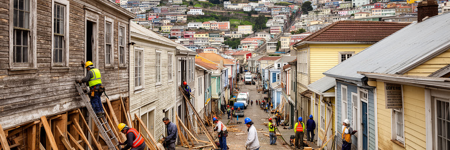 バルパライソの歴史地区、色彩ある住宅、港町の保存景観