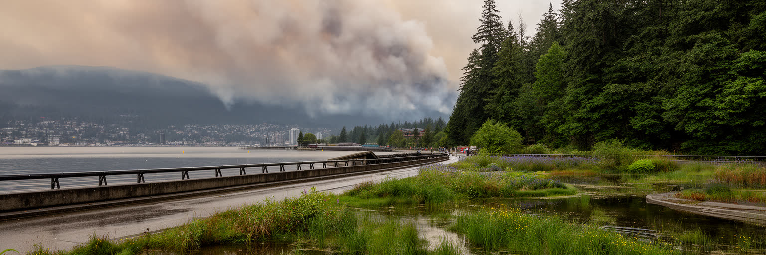 バンクーバーの海辺公園、森、山火事煙、豪雨、洪水対策を表す景観