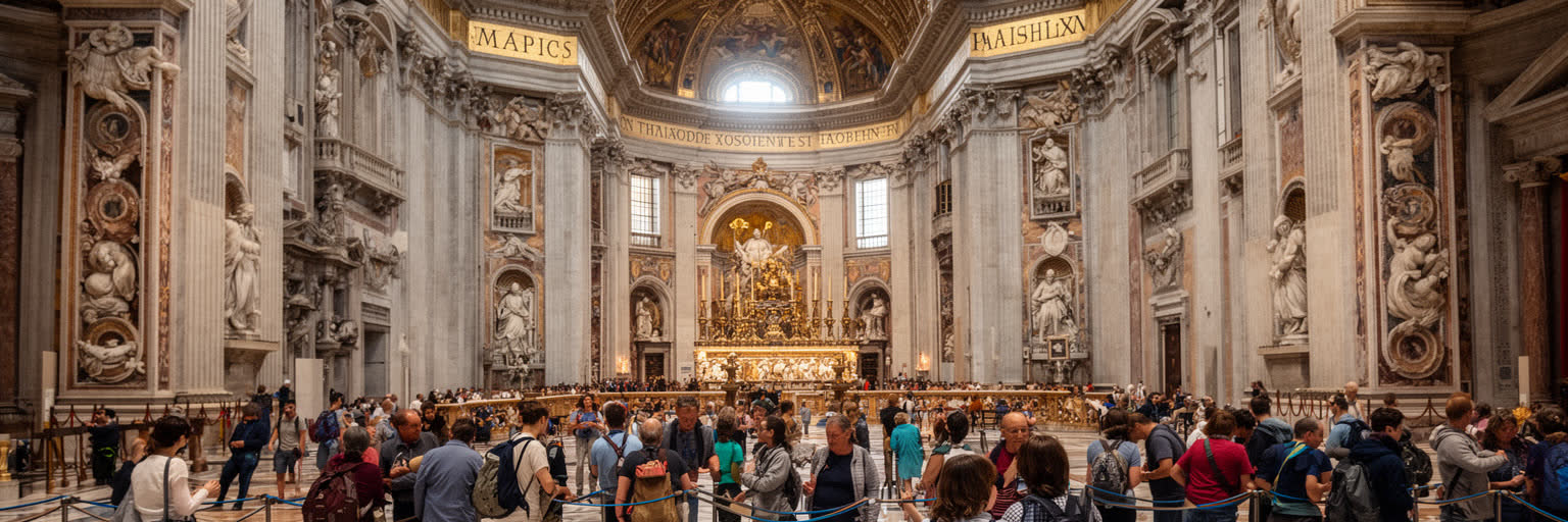 博物館の列、巡礼者、聖堂の祈り、ローマ観光が重なるバチカン市国の観光と信仰