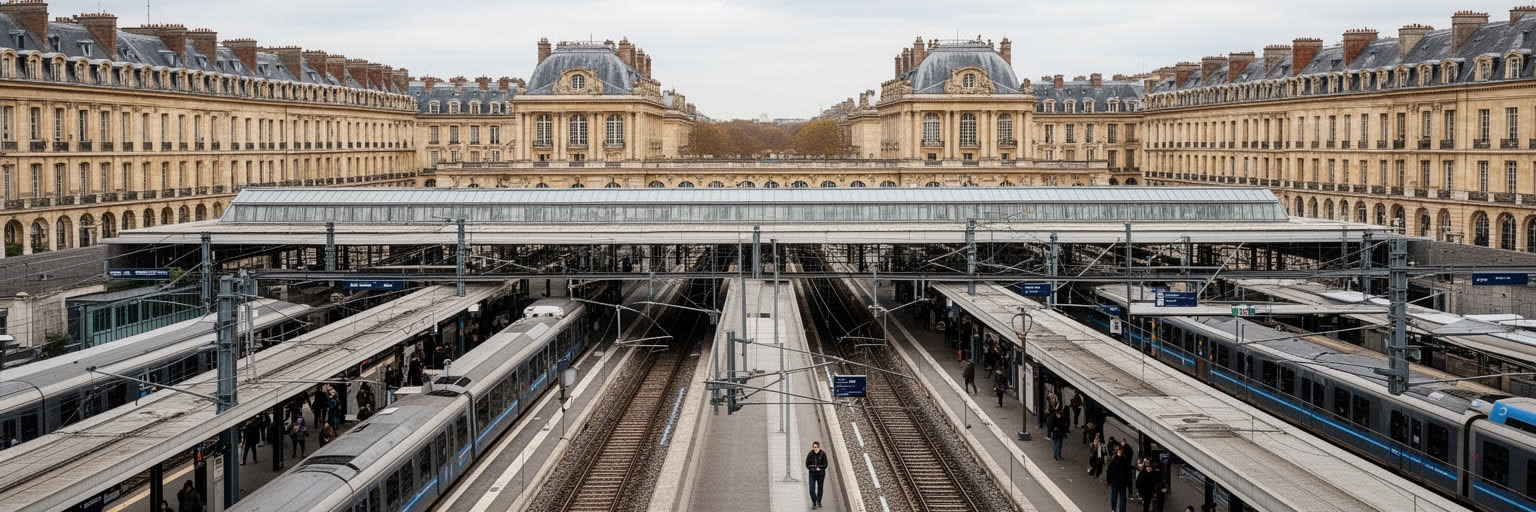 ヴェルサイユの駅、近郊鉄道、パリ方面へ向かう通勤風景を表す景観