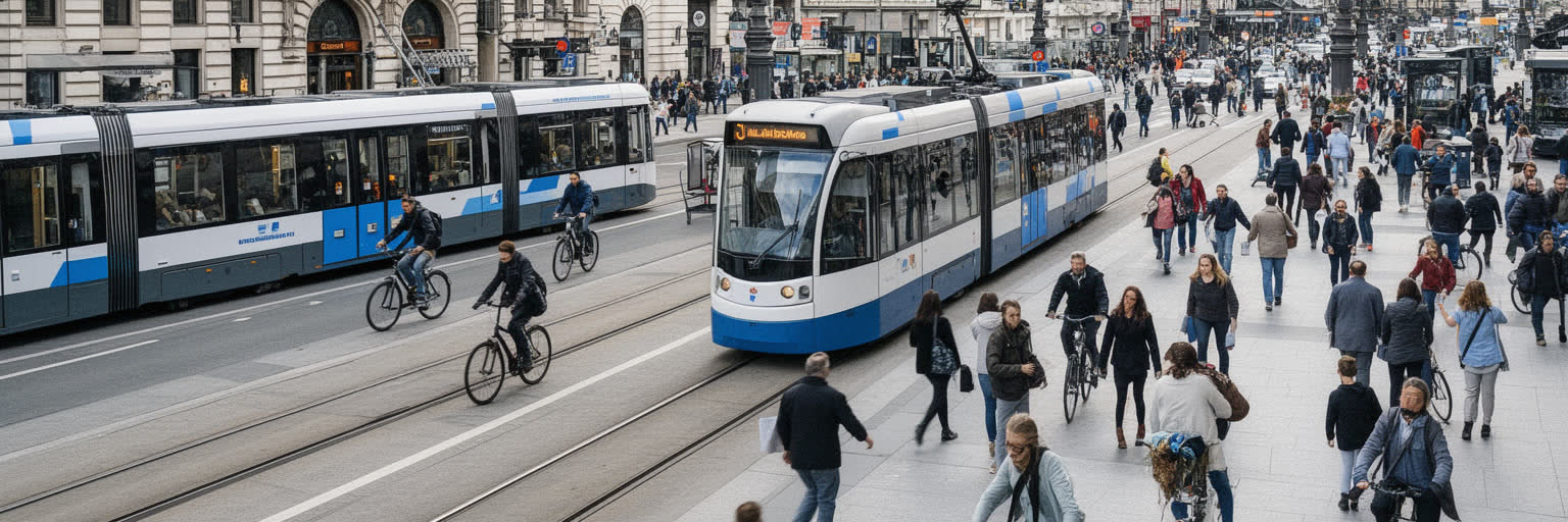 ウィーンの地下鉄、路面電車、自転車道、歩行者空間、住宅地が重なる都市設計
