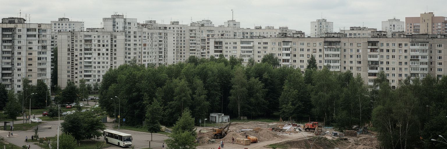 ヴィリニュスのソ連期団地、郊外住宅、バス、森、建設現場を表す景観